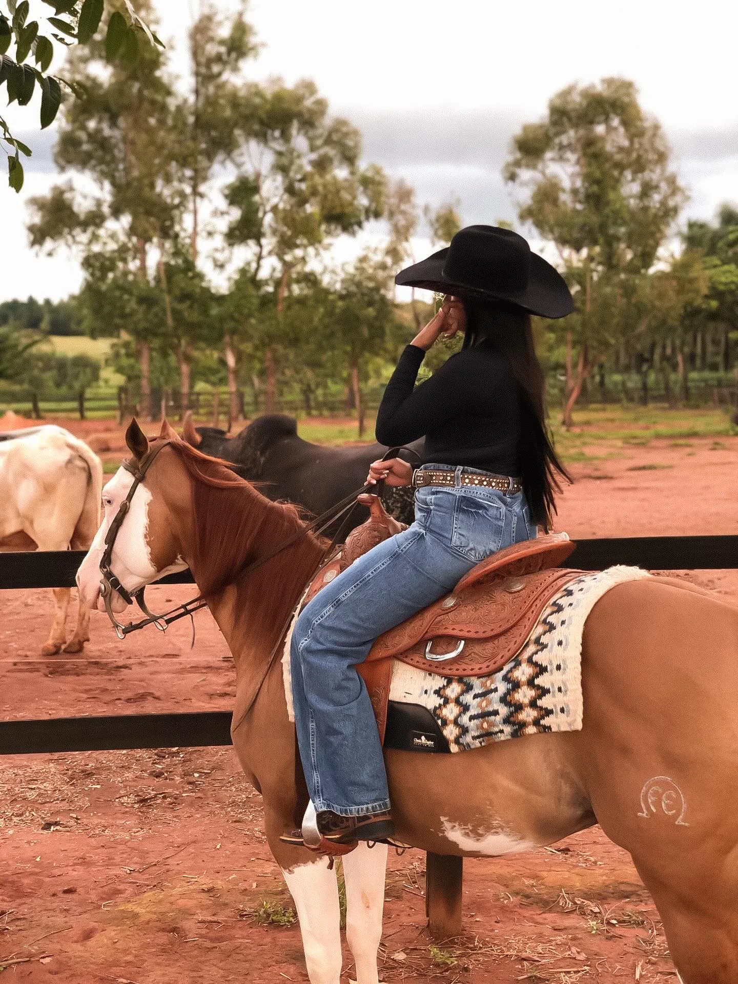 Mulher de chapéu preto e calça jeans sentada em um cavalo em um espaço rural.